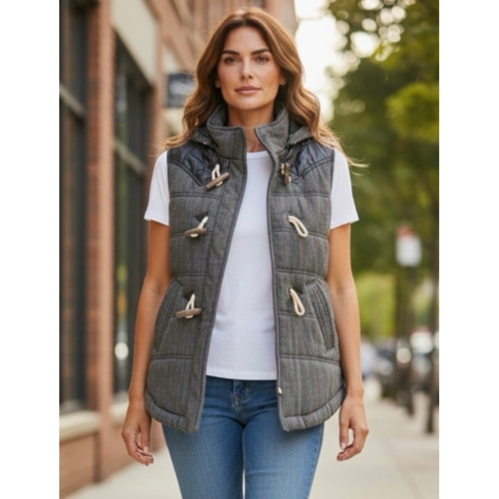 CI SONO Women's Grey Herringbone Puffer Vest Toggle Closure Hooded Size M *As is
